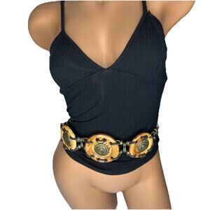 VTG Y2k Festival Medallion Belt Wood Brass Link Chain Adjustable Boho Tribal